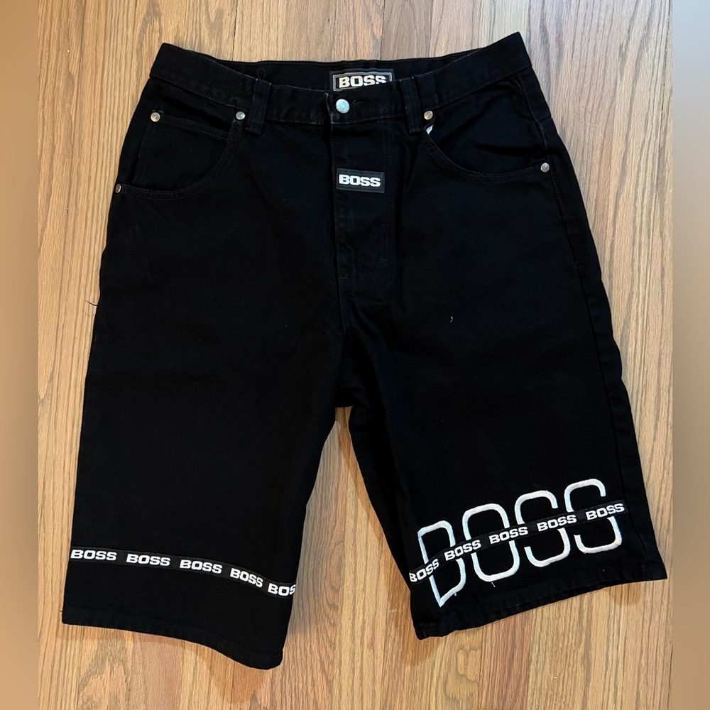 Vintage Boss Embroidered Striped Logo Black Jean Short size 36